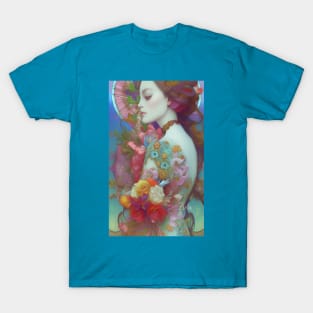 Pretty girl with flowers and roses dreamy surreal tattoo T-Shirt